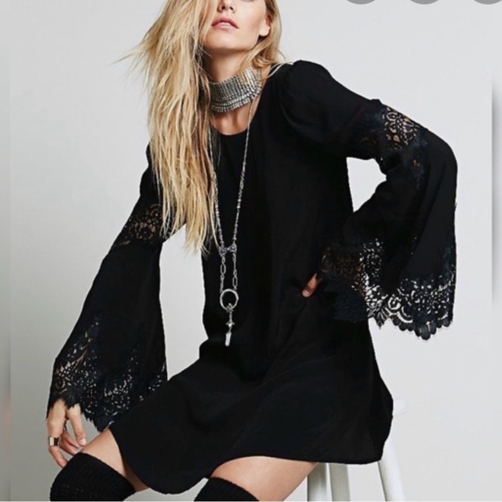 For Love & Lemons Black Festival Dress Mini Lace Bell Sleeve Goth Whimsigoth S